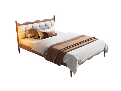 Single Bed With Wooden Frame Neutral Bedding And Comfortable Headboard Design 3d model