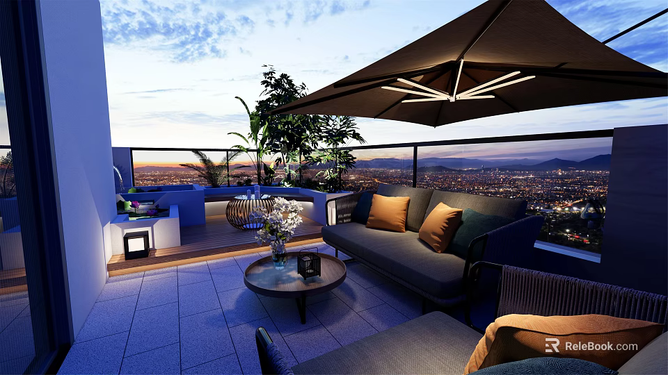 Rooftop Garden Terrace With Comfortable Sofa Coffee Table And Umbrella Overlooking City View 3d model 