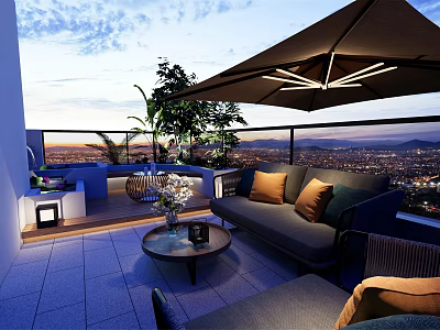 Rooftop Garden Terrace With Comfortable Sofa Coffee Table And Umbrella Overlooking City View 3d model