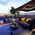 Rooftop Garden Terrace With Comfortable Sofa Coffee Table And Umbrella Overlooking City View