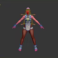 3D Character Model With Purple Hair Decorative Outfit Extended Arms And Colorful Accessories