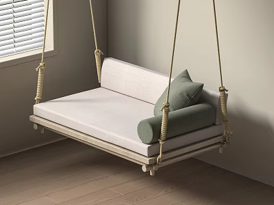 Indoor Hanging Chair with White Cushion Green Pillow Rope and Wooden Base Near Window Blinds 3d model