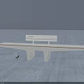 Modern white landscape bench with long seat and backrest with logo and small ball nearby
