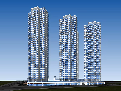 Modern High Rise Buildings With Blue Glass Curtain Walls And Podium Base Under Blue Sky 3d model