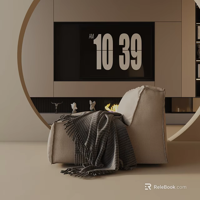 Cozy Beige Accent Chair With Gray Throw Blanket In Modern Circular Decor Interior 3d model 