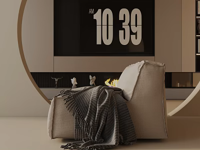 Cozy Beige Accent Chair With Gray Throw Blanket In Modern Circular Decor Interior 3d model