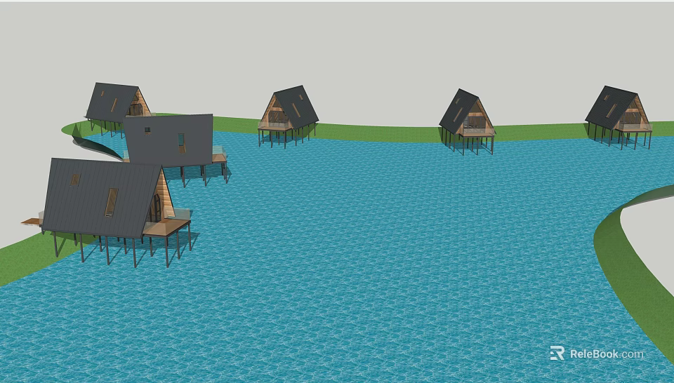 Garden Stilt Houses Over Water With Wooden Platforms And Sloped Roofs 3d model 