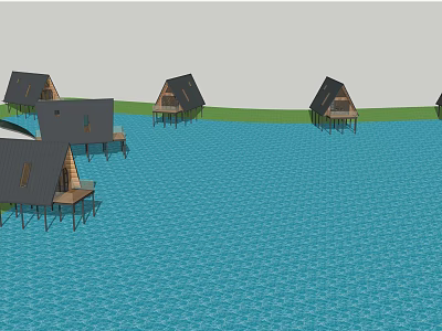 Garden Stilt Houses Over Water With Wooden Platforms And Sloped Roofs 3d model