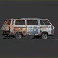Old Rusty Van With Colorful Graffiti On Gray Platform Dark Background 3d model