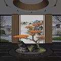 Garden Ornament with Bonsai Pine Stone and Landscape Painting Background Under Circular Skylight