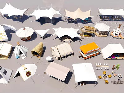 Various Types Of Tents With Different Shapes Colors And Outdoor Camping Facilities 3d model