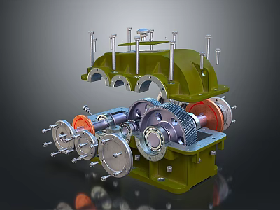 Household Appliance Internal Mechanism With Green Casing And Metal Gears 3d model