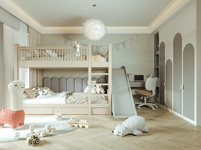 Cozy Kids Room With Bunk Bed Slide Stuffed Toys Desk Chair And Chandelier 3d model