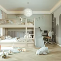 Cozy Kids Room With Bunk Bed Slide Stuffed Toys Desk Chair And Chandelier