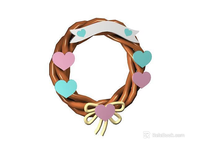 Decorative Wreath Ornament With Braided Ring White Banner Pink Light Blue Hearts And Golden Bow 3d model 