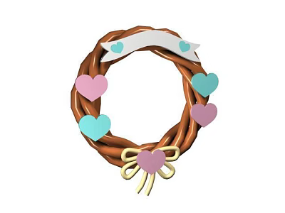 Decorative Wreath Ornament With Braided Ring White Banner Pink Light Blue Hearts And Golden Bow 3d model