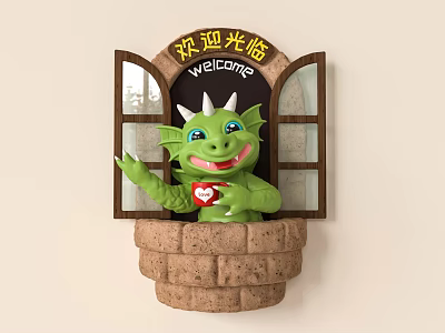 Cute Green Dragon Welcome Wall Decor With Window Frame Red Heart And Stone Sill 3d model