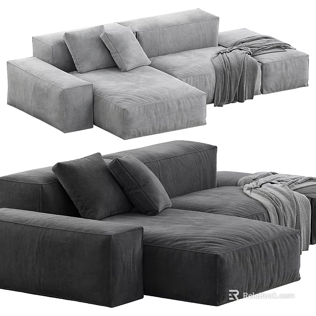 Gray Fabric Sectional Sofa With Plush Cushions And Throw Blanket 3d model 