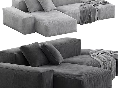 Gray Fabric Sectional Sofa With Plush Cushions And Throw Blanket 3d model
