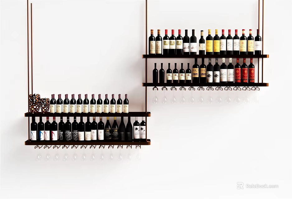 Modern Hanging Wall Cabinets Storage Design With Wine Bottles And Glasses 3d model 