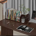 Wooden Bookshelf on Desk with Books Decorative Figurines Plant and Stationery