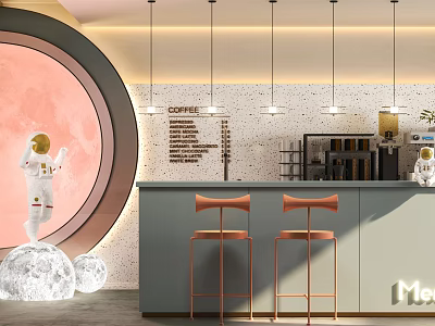 Moon Themed Café Interior Featuring Astronaut Sculpture Counter Chairs Menu Board And Coffee Machine 3d model