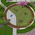 Scenic Pet Park Landscape With Pink Flowering Tree Dog Sculpture Benches And Lawn Pathway