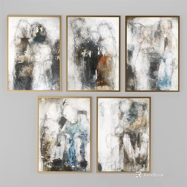 Five Abstract Paintings Black White Blue Brown Gold Framed Modern Wall Art 3d model 