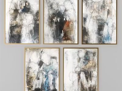 Five Abstract Paintings Black White Blue Brown Gold Framed Modern Wall Art 3d model