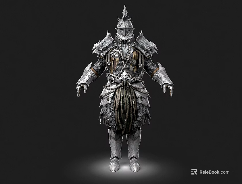 Man Wearing Intricate Medieval Armor With Spiked Helmet And Chainmail Details 3d model 