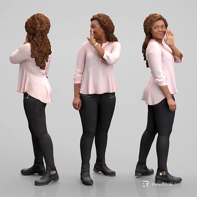 Curly Haired Woman In Pink Top Black Pants Black Shoes Waving From Different Angles 3d model 