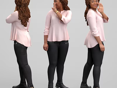 Curly Haired Woman In Pink Top Black Pants Black Shoes Waving From Different Angles 3d model