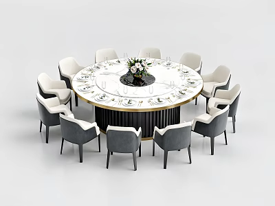 Elegant Modern Round Dining Table Set with White Top Gold Trim and Gray Chairs 3d model