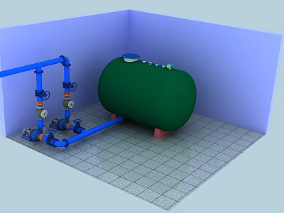 Industrial Equipment Setup With Green Storage Tank Blue Pipelines And Valves On Gray Tiled Floor 3d model