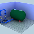 Industrial Equipment Setup With Green Storage Tank Blue Pipelines And Valves On Gray Tiled Floor