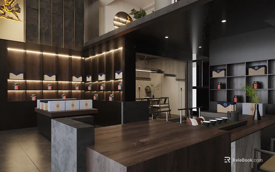 Modern Specialty Store Interior With Wooden Counter Display Shelves And Warm Lighting 3d model 