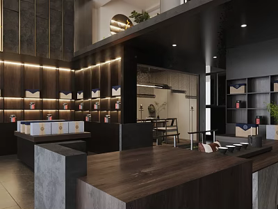 Modern Specialty Store Interior With Wooden Counter Display Shelves And Warm Lighting 3d model