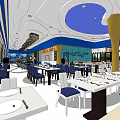 Modern Restaurant Interior With Blue Ceiling Yellow Column Chandeliers And Dining Tables 3d model