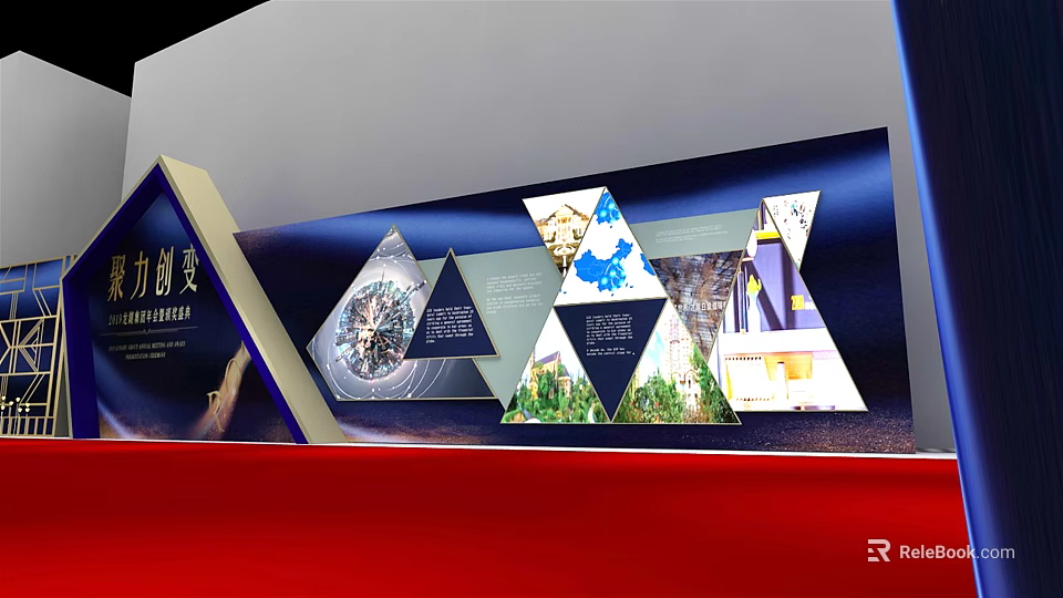 Modern Exhibition Display Board With Triangular Panels Colorful Images And Informative Content On Red Surface 3d model 