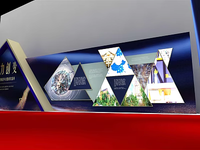 Modern Exhibition Display Board With Triangular Panels Colorful Images And Informative Content On Red Surface 3d model