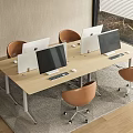Light Wood Office Desk With Multiple Monitors Brown Rolling Chairs On Rug Near Window