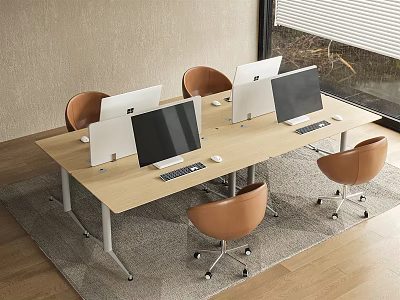 Light Wood Office Desk With Multiple Monitors Brown Rolling Chairs On Rug Near Window 3d model