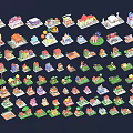 Colorful Cartoon Isometric Small Houses With Various Designs And Green Landscape Elements
