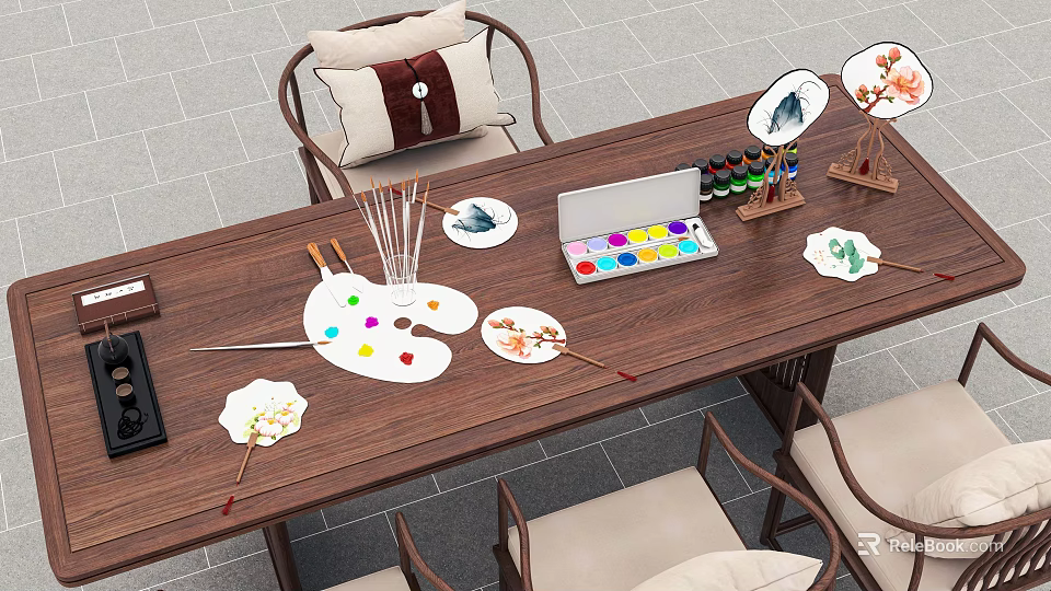 Daily Life Essentials On Wooden Table Featuring Palette Paintbrushes Fan Art And Laptop 3d model 
