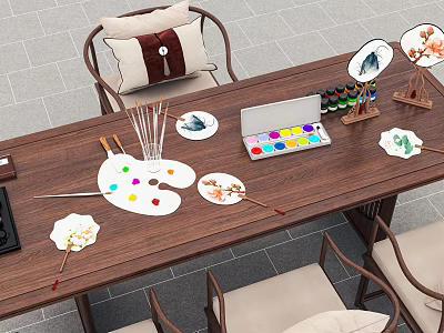 Daily Life Essentials On Wooden Table Featuring Palette Paintbrushes Fan Art And Laptop 3d model
