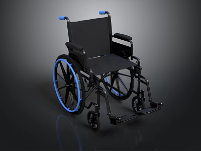Modern Black Wheelchair With Blue Armrests Ergonomic Seat And Blue Rimmed Wheels 3d model