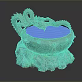 Ornate Dragon Decorated Water Basin With Blue Water And Rock Base