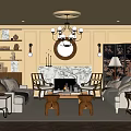Classic Cozy Living Room Interior With Chandelier Fireplace Round Mirror And Wooden Coffee Tables