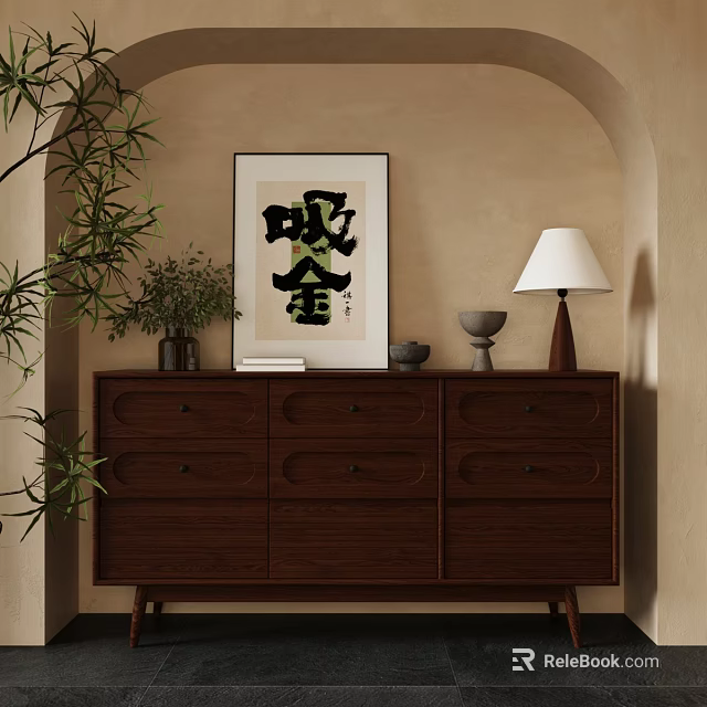 Wooden Chest of Drawers Interior With Potted Plant Chinese Calligraphy Art Table Lamp and Decor 3d model