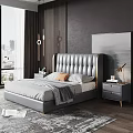 Gray Double Bed With Button Tufted Upholstered Headboard Gold Accents And Nightstands